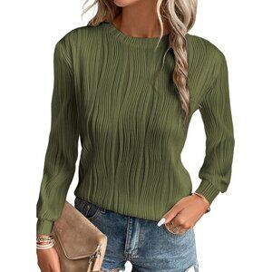 🆕 Women Green Trendy Casual Long Sleeve Crewneck Tops Loose Textured Blouses